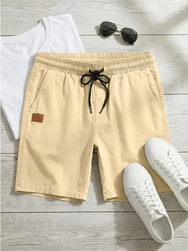 Vista 7 de JMIERR Pantalones cortos casuales de algodón con cordón de verano para la playa de sarga elástica chino golf corto con bolsillos Beige