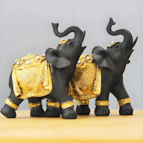 Vista 8 de Juego de decoración de elefante de la suerte con troncos – Feng Shui resina negro y dorado pareja elefante figuritas – Par de estatuas de elefantes
