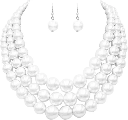 Vista 16 de Rosemarie & Jubalee Conjunto de joyería para mujer con 3 cadenas multicolores de perlas simuladas y aretes, regalo con collar, 45,7 cm + 7,6 cm