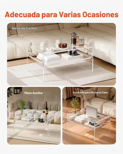 Vista 7 de VEVOR Mesa de centro acrílica, moderna mesa central de cascada con estante de almacenamiento abierto, escritorio rectangular transparente Lucite