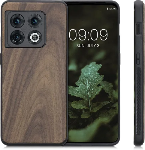 Vista 4 de kwmobile Funda de madera real compatible con OnePlus 10 Pro 5G, cubierta de madera dura con parachoques de TPU, color marrón oscuro