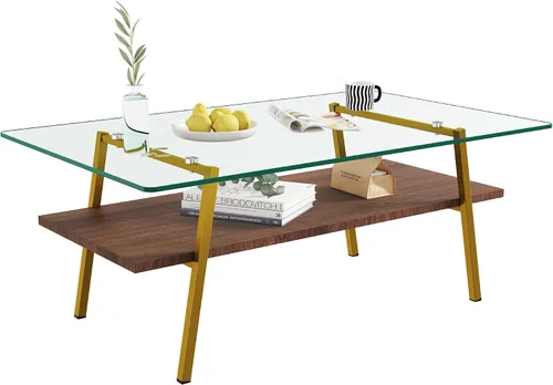 Vista 9 de IANIYA Mesa de centro de cristal para sala de estar, pequeña mesa auxiliar dorada de mediados de siglo para sala de estar con estantes de madera