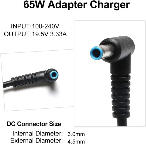 Vista 2 de Cargador redondo de punta azul de 65 W para portátiles HP y Chromebooks antiguos Fits any HP with a blue circle end/barrel. Safe 65W/45W power for