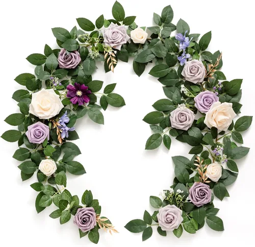 Vista 11 de Ling's Moment Guirnalda de Flores Artificiales Negra Burdeos de 5 Pies, Hojas de Rosas Falsas, Guirnalda Floral, Flores de Arco, Enredadera