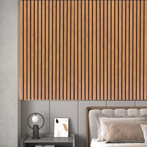 Vista 8 de Paneles de pared acústicos 3D con listones y acabado en madera, paquete de 2 paneles de absorción de sonido para estudio, oficina, sala de estar