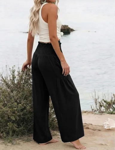 Vista 4 de Athlisan Pantalones palazzo holgados de pierna ancha para mujer, estilo casual, bohemio, fruncido, cintura alta, pantalones de descanso, playa