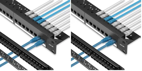 Vista 10 de Rapink Panel de conexión de 24 puertos Cat6 con soporte Keystone en línea 10G, panel de conexión con acoplador de paso UTP de 19 pulgadas con barra
