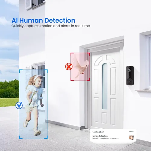 Vista 3 de Cámara de timbre de video inteligente con timbre, detección humana AI, audio de 2 vías, vista en vivo HD, solo red 2.4G