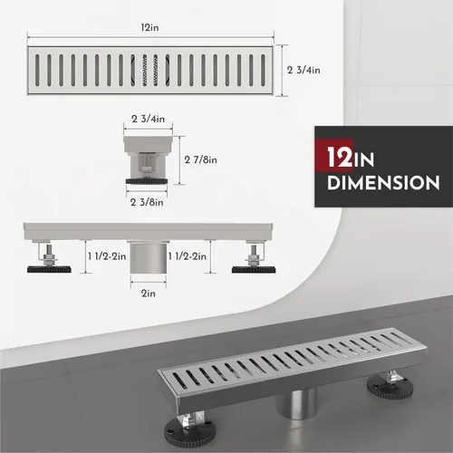 Vista 2 de WEBANG - Drenaje lineal de 12 pulgadas para ducha rectangular con accesorios, cubierta de patrón cápsula, rejilla extraíble, acero inoxidable SUS304