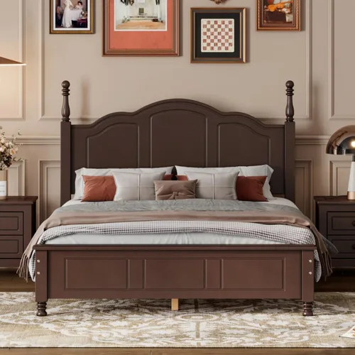 Vista 3 de Marco de cama de madera de pino de estilo retro con cabecero, no necesita caja de resortes, nogal oscuro