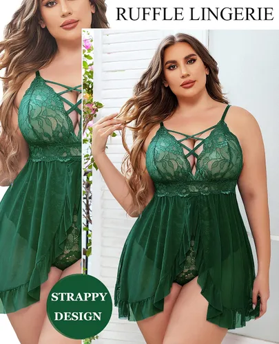 Vista 4 de Avidlove Lencería de talla grande para mujer, sexy, babydoll con entrepierna a presión, camisola de encaje, con volantes, talla L 4XL