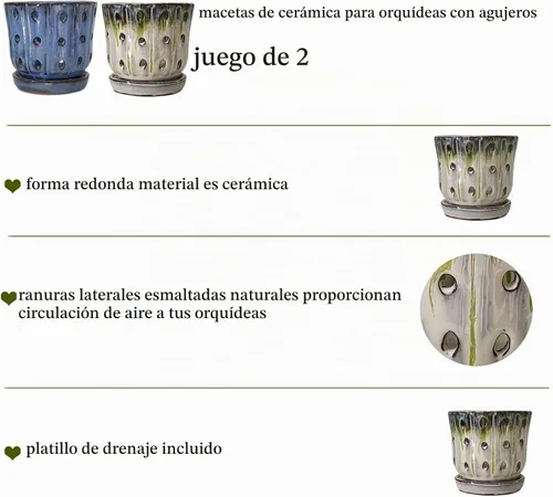 Vista 4 de Macetas para Orquídeas de 4.9 pulgadas Macetas Redondas de Cerámica para Orquídeas con Agujeros Juego de 2 (Azul Cielo+Blanco con Verde Limón)