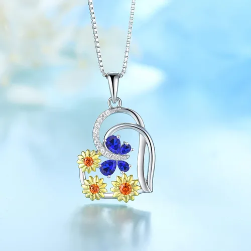 Vista 2 de FJ Collar de corazón de plata maciza con collar de girasoles con piedra de nacimiento de animales de mariposa