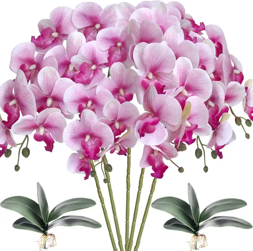 Vista 8 de HinyoCo 5 piezas de orquídeas artificiales y 2 paquetes de hojas, flores artificiales de Phalaenopsis de 32 pulgadas para decoración del hogar