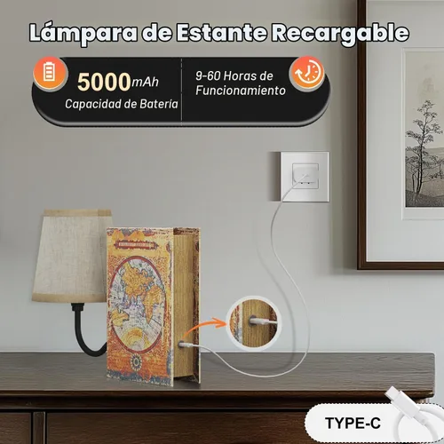 Vista 6 de Lámpara de estantería vintage recargable, lámpara de libro inalámbrica con pantalla de lino, lámpara de mesa regulable con control táctil
