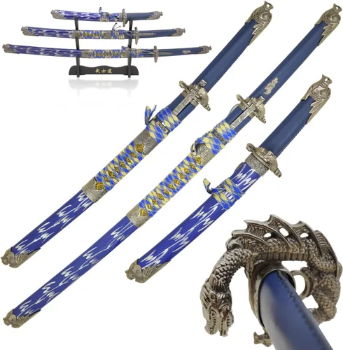 Vista 17 de Snake Eye Tactical Highlander Dragon Design Handle Samurai Katana - Juego de espada triple con soporte de espada