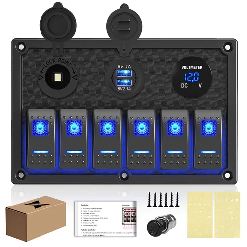 Vista 22 de Panel de interruptores basculantes para lanchas marinas, panel de interruptor de palanca impermeable de 8 bandas con doble USB y panel voltímetro