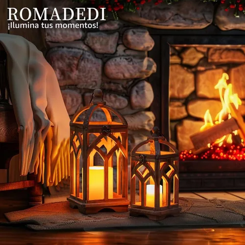 Vista 4 de Romadedi Farol de vela de madera de granja, juego de 2 candelabros decorativos de madera rústica, decoración del hogar, mesa de boda, centro