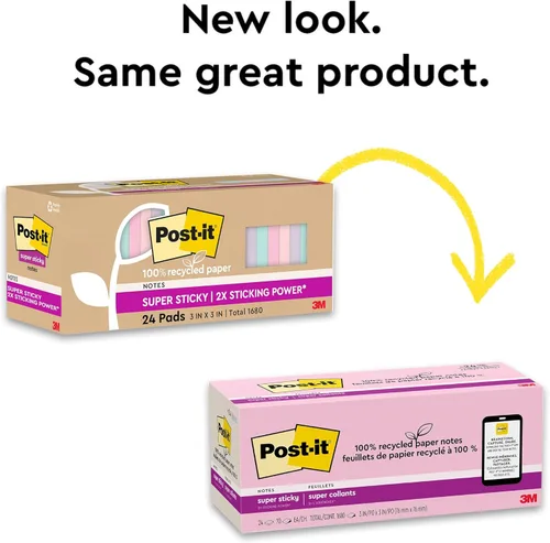 Vista 9 de Post-it - Notas superadhesivas de papel 100% reciclado, 3 x 3 pulgadas, 24 blocs, 70 hojas por bloc, pasteles Wanderlust, suministros de regreso a