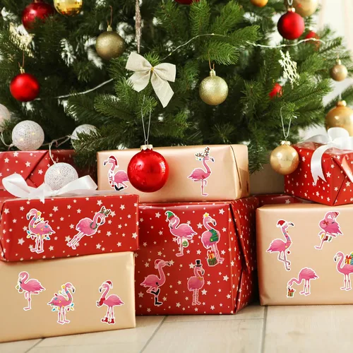 Vista 4 de 1000 calcomanías de flamenco de Navidad en 2 rollos con 16 patrones, bonitos calcomanías autoadhesivas de flamenco rosa para manualidades