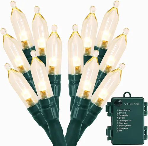 Vista 13 de MASHANG Mini luces, 18 pies, 50 luces LED de Navidad con temporizador y 8 modos, luz de cadena impermeable operada con 3 pilas AAA para decoración