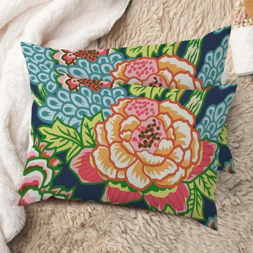 Vista 79 de Juego de 2 almohadas coloridas de estilo chinoiserie, color rosa intenso, azul real, peonía, floral, blanco, lino, estilo chinoiserie, para sofá