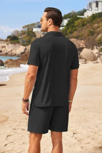 Vista 3 de COOFANDY Conjunto de dos piezas para hombre, camisa de manga corta con botones y pantalones cortos, conjuntos de playa