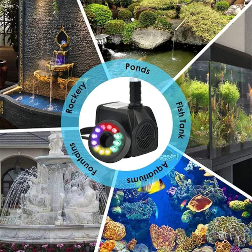 Vista 6 de BUYGOO Bomba sumergible de fuente de 10 W, 160 GPH con luz LED, ultra silenciosa, pequeña fuente de agua para exteriores, para estanque al aire
