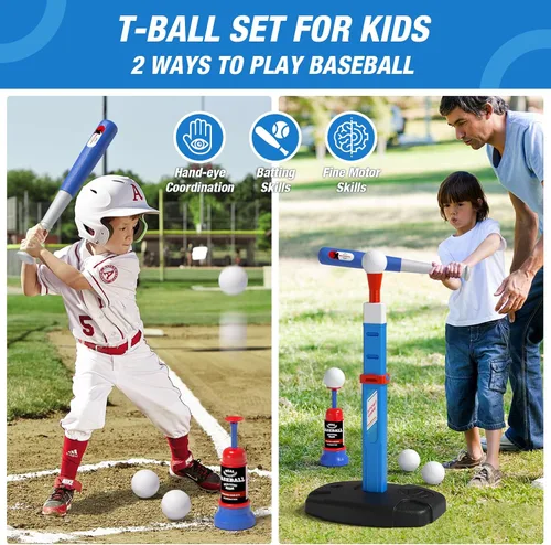 Vista 4 de HYES Juego de aro de baloncesto 2 en 1 y pelota en T para niños, altura ajustable, tee de béisbol para niños con máquina de lanzamiento automática