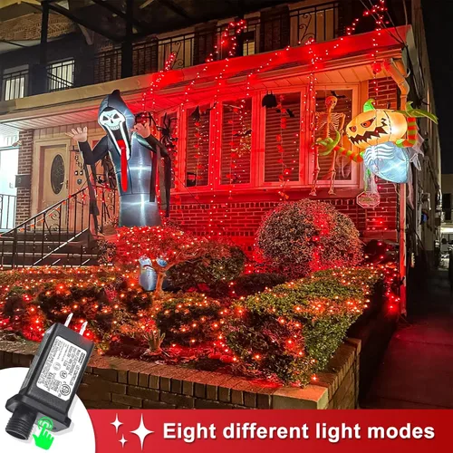 Vista 2 de Guirnalda de 120 luces LED rojas impermeables para exteriores, luces de Navidad rojas de 40 pies, 8 modos, cable transparente, guirnalda de luces