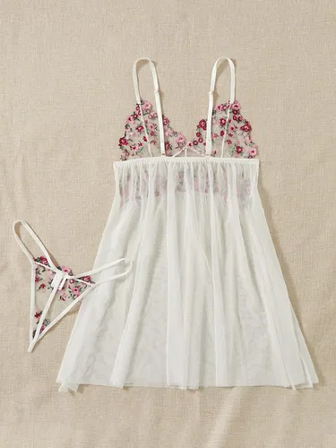 Vista 2 de OYOANGLE Conjuntos de lencería de 2 piezas con bordado floral de malla transparente de encaje para mujer brasier y bragas con aros
