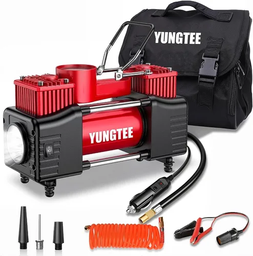 Vista 11 de YUNGTEE Inflador de neumáticos amarillo, bomba de inflado de doble cilindro resistente, bomba de inflado de accionamiento directo, bomba