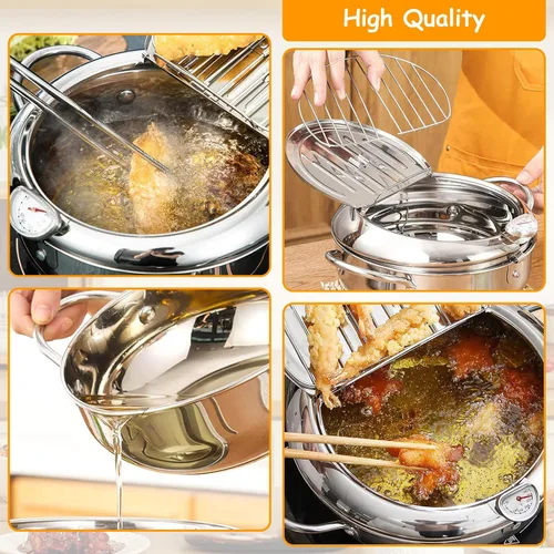 Vista 4 de Olla para freidora, 11 pulgadas/4.4 cuartos de galón, freidora de tempura japonesa con termómetro, olla freidora de acero inoxidable 304 para papas