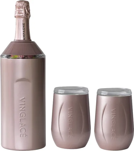 Vista 9 de Vinglacé Juego de regalo enfriador de botellas de vino, enfriador de vino portátil de acero inoxidable con 2 copas de vino sin tallo, color negro