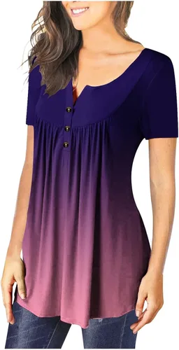 Vista 5 de Blusas elegantes para mujer, estilo Henley, cuello en V, manga corta, talla grande, ajuste cuadrado, con botones frontales, blusas de manga corta
