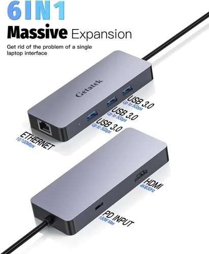Vista 2 de Hub Ethernet USB C, adaptador multipuerto USB C de 6 puertos con HDMI 4K @30HZ, 3 USB 3.0, carga USB C PD de 100 W, RJ45, apto