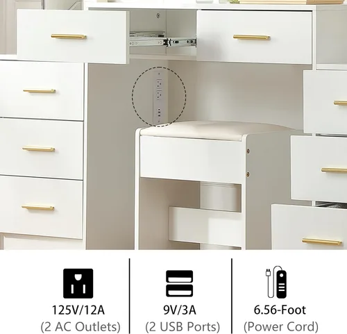 Vista 4 de FOREST GRAVITY Tocador grande de 58.3 pulgadas con espejo plegable y luces, escritorio de maquillaje con espejo y luces, tomacorriente, silla y dos