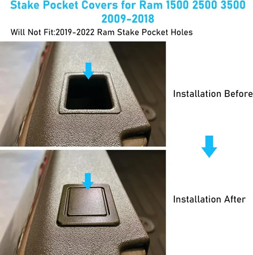 Vista 6 de Moonlinks Fundas de bolsillo para estacas de riel de cama Compatibles con Dodge Ram 1500 2500 3500 2009-2018, Tapones de orificios de estaca