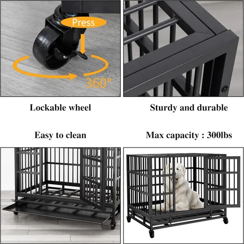 Vista 4 de JY QAQA - Jaula para perros de 48/38 pulgadas, de servicio pesado, resistente e indestructible, doble puerta, a prueba de escape, jaula perrera