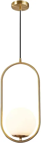 Vista 9 de KCO Moderna lámpara colgante de globo de vidrio de 1 luz, lámpara colgante dorada y blanca, iluminación colgante minimalista de latón cepillado