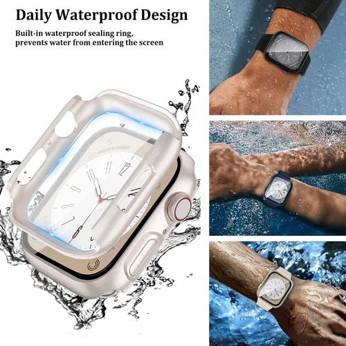 Vista 2 de QCKANLJ Paquete de 2 fundas impermeables para Apple Watch Series 9, 8, 7, 1.772 in, con protector de pantalla de vidrio templado, iWatch
