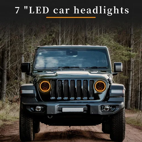 Vista 4 de Faros redondos LED de 7 pulgadas con halo DRL blanco, señal de giro ámbar, compatibles con JK JKU TJ