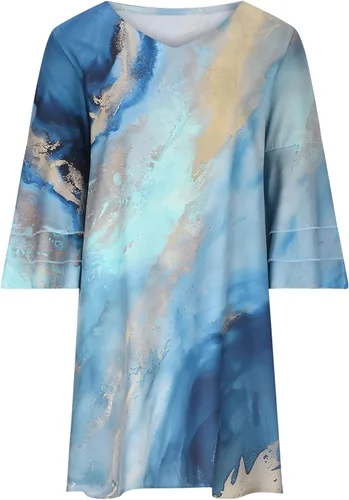 Vista 4 de Vestido de verano para mujer 2023, dulce y lindo cuello en V, manga acampanada, mini vestido suelto de manga 34, vestido floral con vuelo