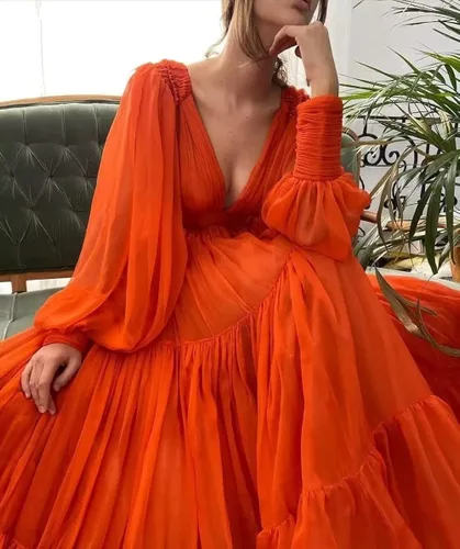 Vista 4 de Vestidos largos de tul con mangas abullonadas para mujer, plisados, con cuello en V, vestidos formales de noche