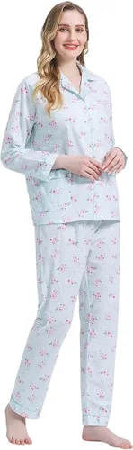Vista 3 de Amaxer Conjunto de pijama 100% algodón para mujer, de manga larga, suave, con botones, con cordón elástico
