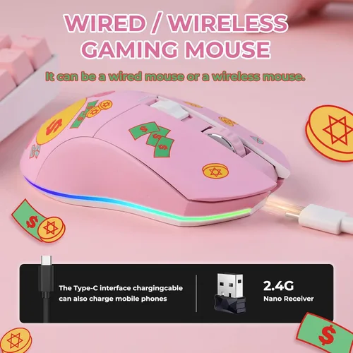 Vista 3 de DAREU Ratón para juegos inalámbrico con cable, recargable de doble modo, 7 botones programables, 10K DPI, RGB y 7 niveles de DPI ajustables hasta