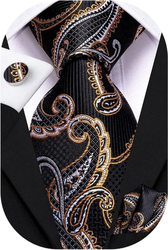 Vista 18 de Hi-Tie Conjunto de corbatas de seda con estampado paisley para hombre, pañuelo de bolsillo y gemelos, conjuntos de corbata formal para negocios a