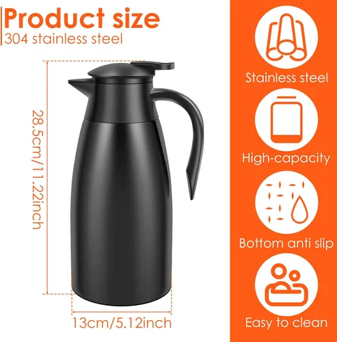 Vista 8 de Jarra térmica de café de acero inoxidable de 2 litros, aislada al vacío, de 20 a 24 horas, botella de agua térmica de gran capacidad para el hogar