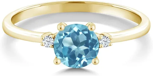 Vista 2 de Anillo solitario de compromiso de oro amarillo de 10 quilates con topacio azul suizo redondo de 0,93 quilates y zafiro blanco creado