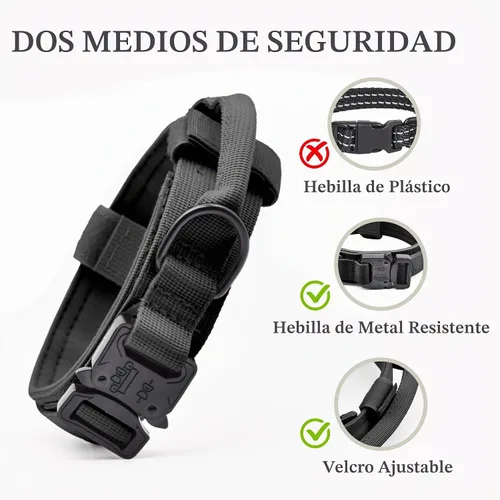 Vista 4 de Collar táctico para perro, collar ajustable de nailon para entrenamiento militar con mango de control y hebilla metálica de liberación rápida pesada